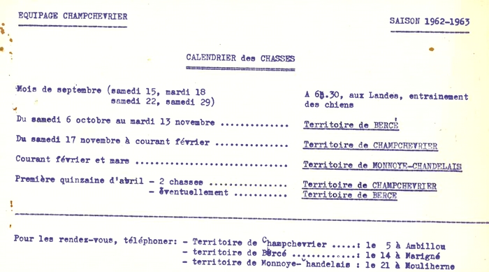 Calendrier de la saison 1962-1963 - Archives de l'Equipage Champchevrier - Don à la Société de Vènerie
